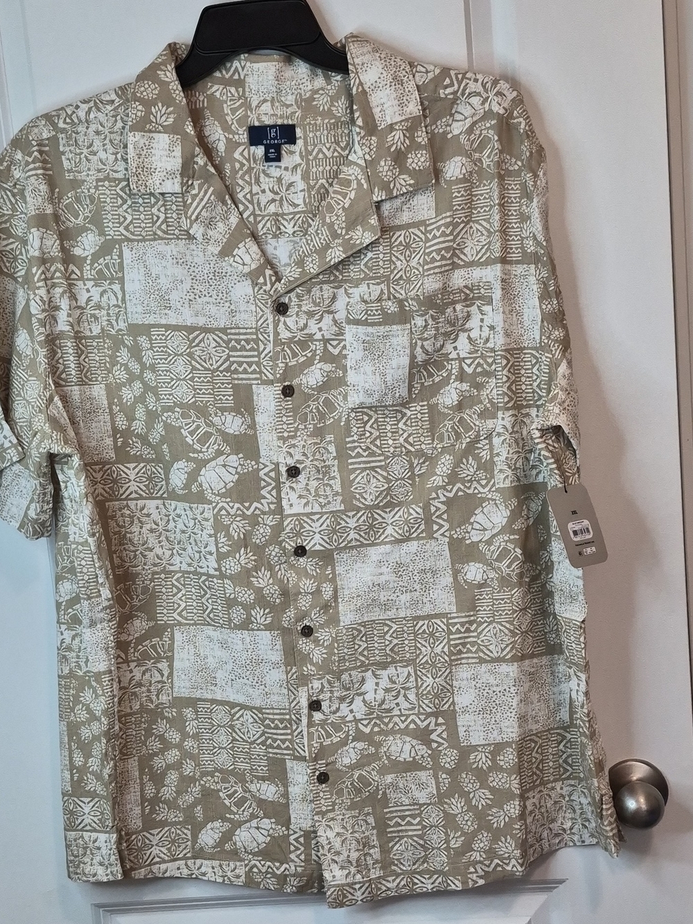 George Tan and White Patchwork Print Short-Sleeve Button-Up Shirt Size 2XL